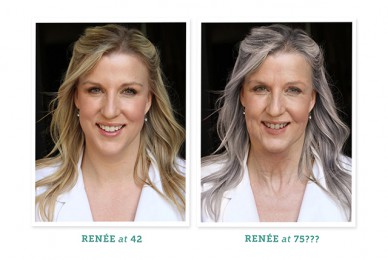 Renee Rouleau and an AI image of her skin at 75