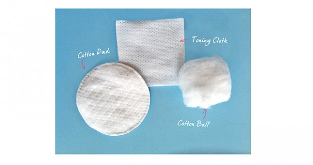 a cotton pad, toning cloth and a cotton ball