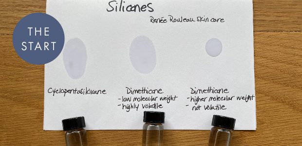 Samples of silicone on paper, dimethicone and cyclopentasiloxane