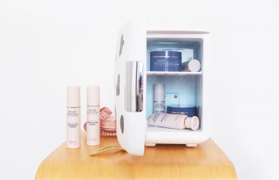 Mini skincare fridge with Renée Rouleau products