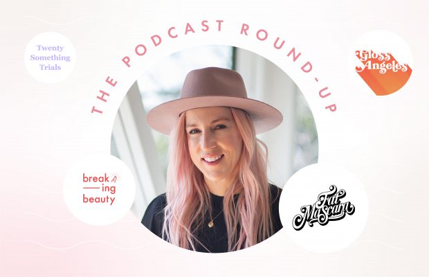 Renee Rouleau with podcast logos