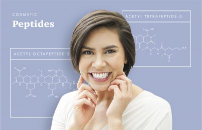 chemical structure of two peptides used in skincare with woman smiling