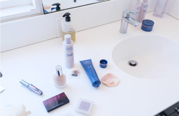 Renee rouleau skincare products on a bathroom vanity