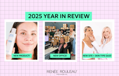 Renée’s 2025 Year in Review: Highlights and What to Expect in 2026 model holding new product, team in warehouse, esthetician with model